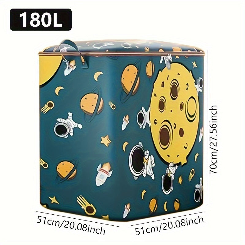 Large foldable storage bag for clothes and belongings, with cute cartoon design, available in sizes 100L, 140L, and 180L.