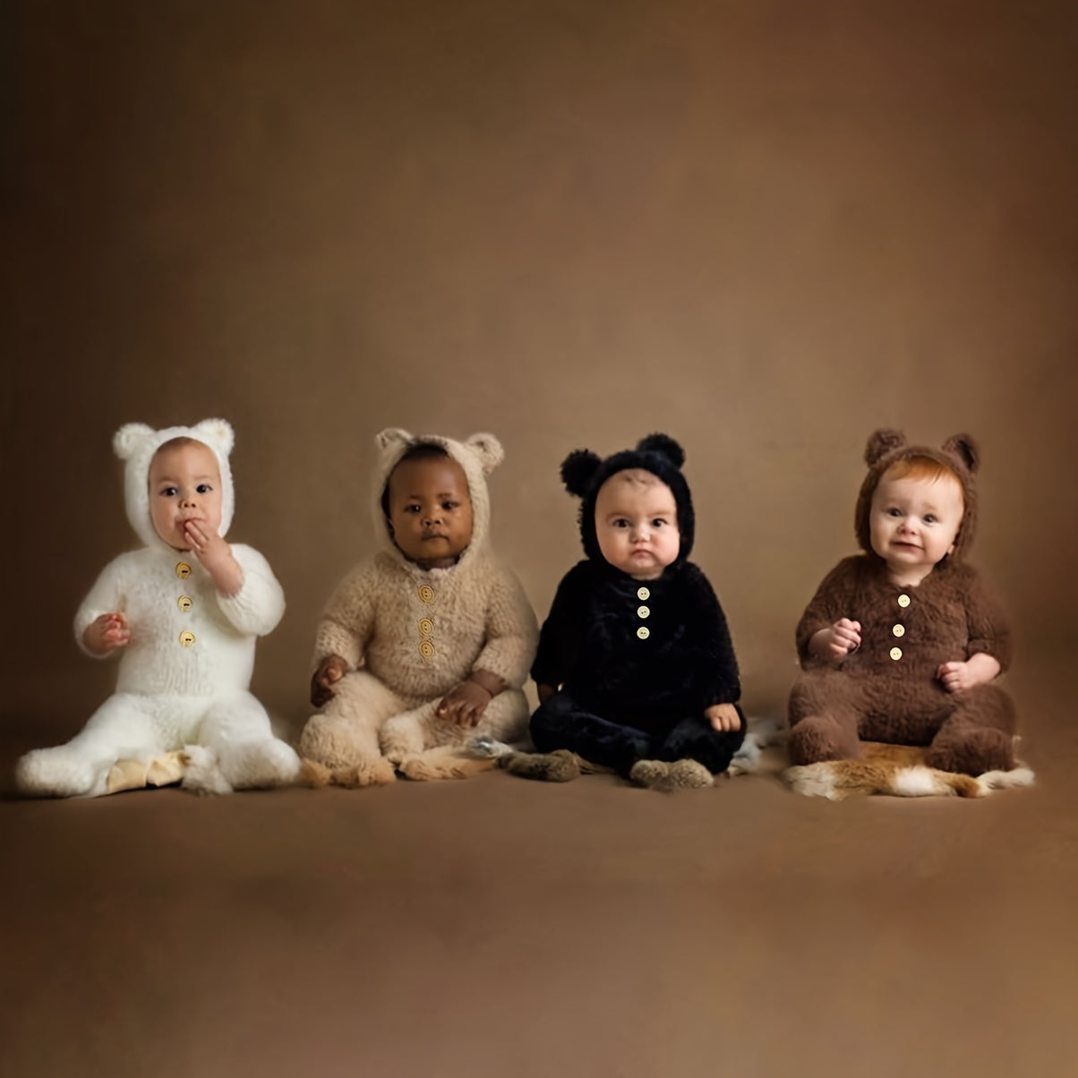 Warm and stylish young bear onesie made of cozy mink velvet, perfect for photography sessions. Suitable for both boys and girls, this outfit comes in light brown, dark brown, white, and ivory colors, making it a must-have in the autumn and winter