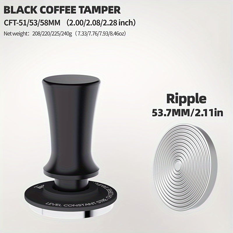 Coffee press kit with 51mm, 53mm, 54mm, and 58mm options for a consistent level of coffee extraction. Includes an elastic coffee press, coffee press hammer, and coffee tool.