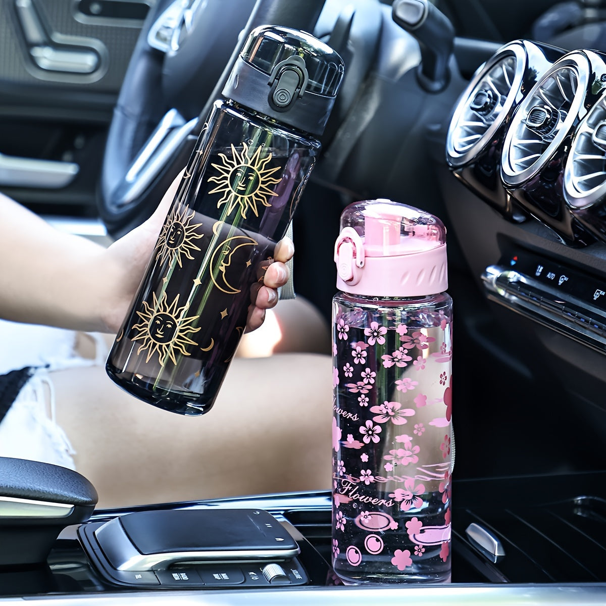 18.6oz water bottle with celestial design, portable and durable PC plastic, high-quality, PVC-free, black lid, white strap - ideal Valentine's gift