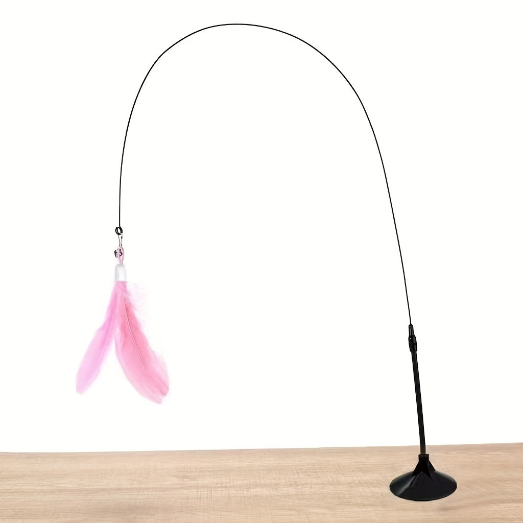 Feather cat teaser stick toy with bell, suction cup for interactive play.