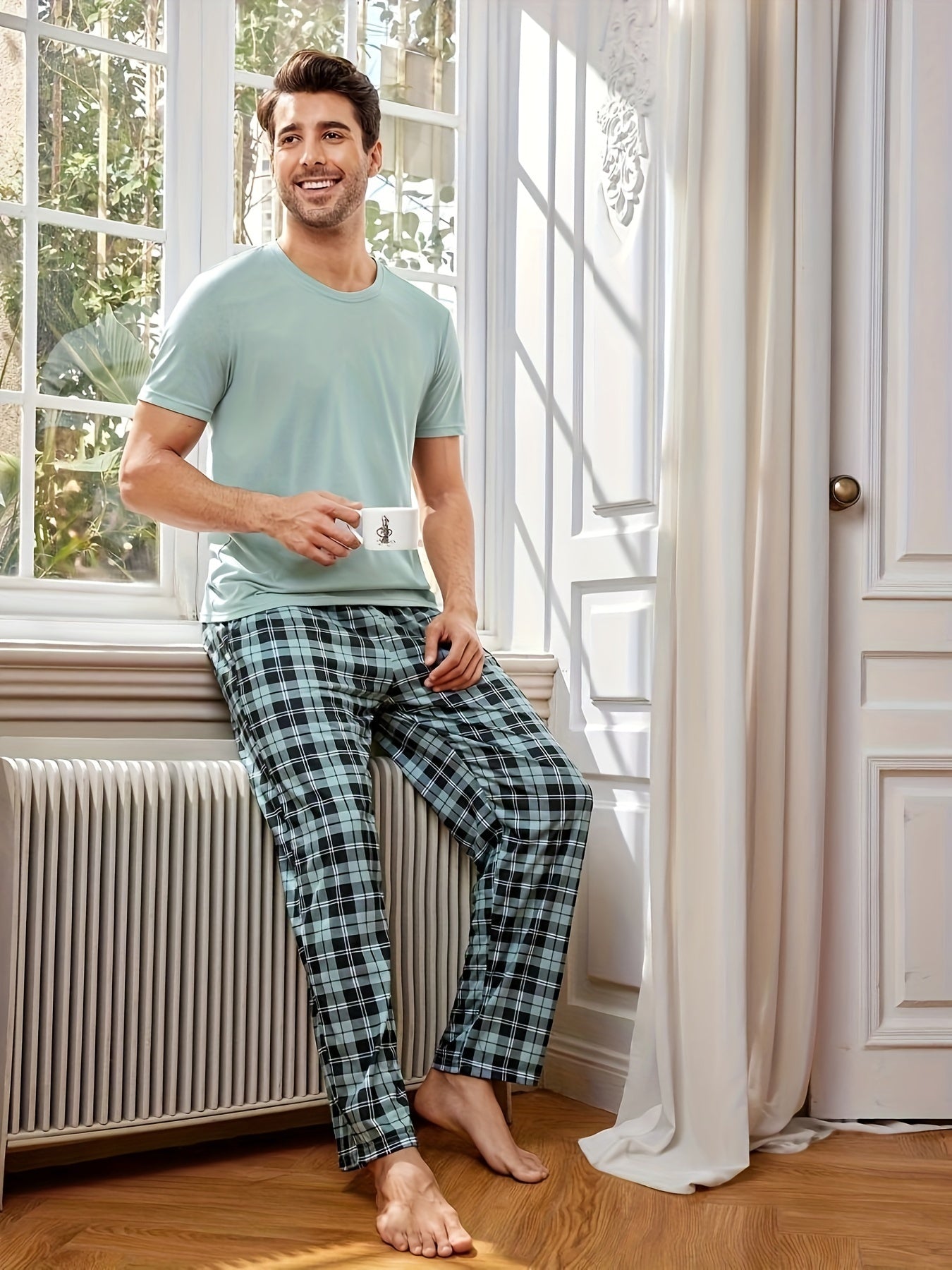 Men's Casual Plaid Pajama Set - Polyester Crew Neck Top and Long Pants, Comfortable Loungewear with Slight Stretch Knit Fabric