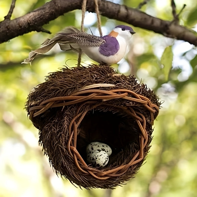 Handmade grass bird nest for small pets, woven with pine needles. Warm and coldproof, ideal hideout in pastoral yard. Aerial charm round bird house.