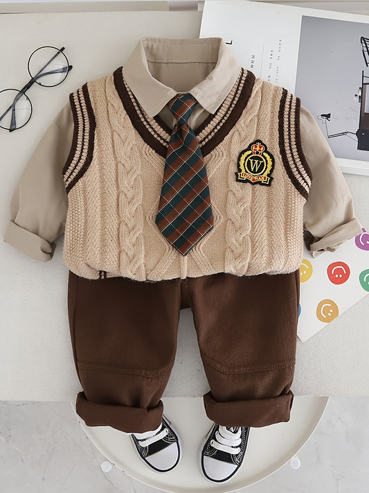 Boys' 3pcs Fall Outfit Set: Cotton Blend Shirt, Vest & Pants with Free Tie - Casual Style for Spring/Fall, Ideal for Outdoors