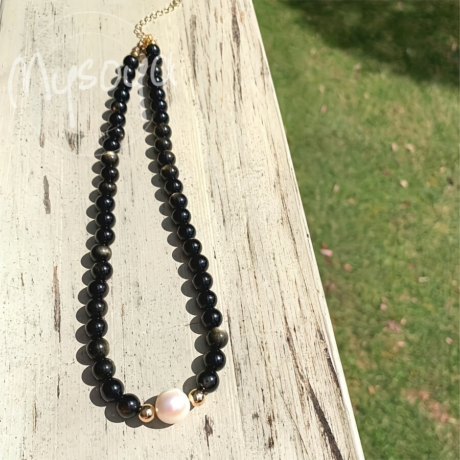 Handcrafted Natural Obsidian Baroque Pearl Necklace by MYSOYA featuring 7-9mm Freshwater Pearls. This vintage elegant piece is perfect for daily wear and special occasions, making it an ideal Valentine's Day gift. Comes with a gift box, making it an