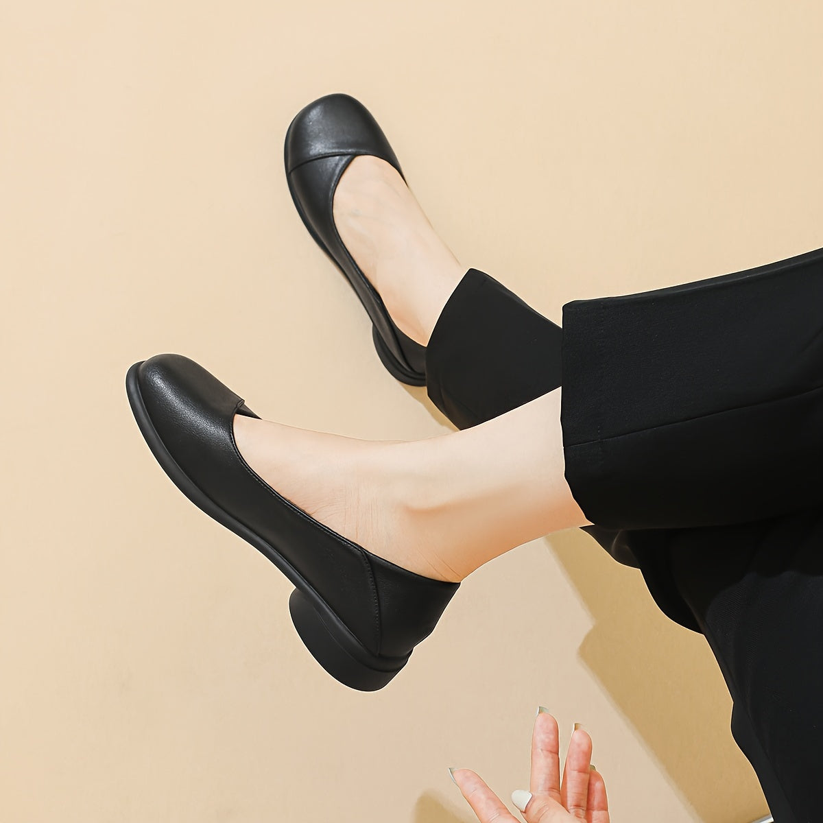 Minimalist women's dress shoes: Lightweight microfiber flats with round toe, solid color, rubber sole. All-season work footwear, no need to wash. Crafted in Huizhou.