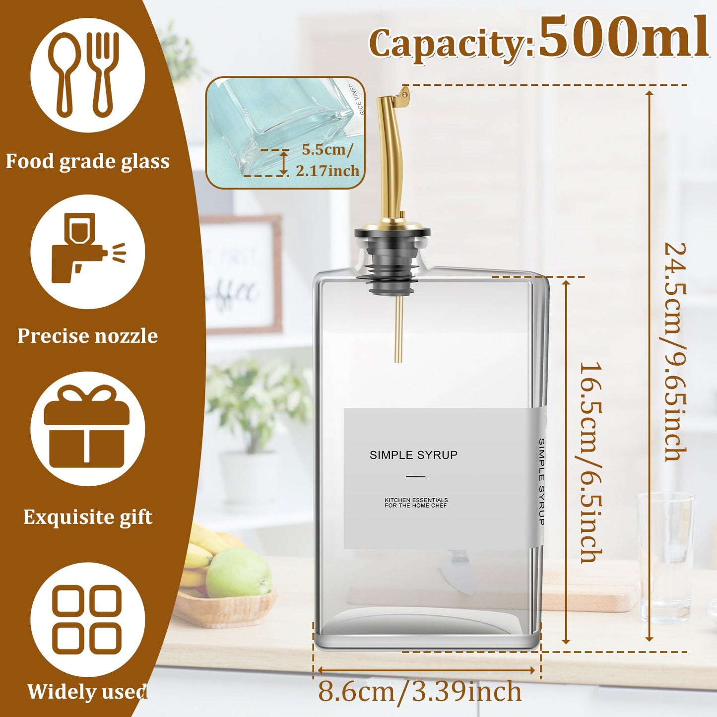 Rectangular 500ml glass bottle designed for holding olive oil. This large capacity dispenser is transparent and well-sealed, making it convenient for storage and ideal for storing various liquids such as soya sauce, vinegar, clear olive oil, and cooking