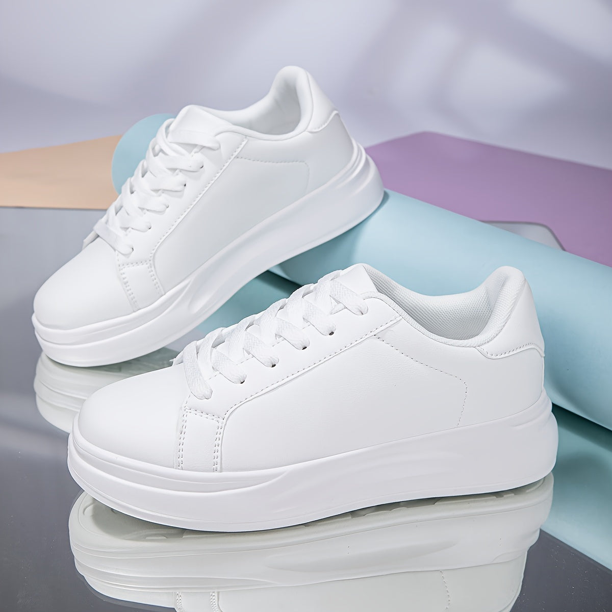 Classic White Sneakers for Women with Waterproof and Height-Boosting Thick Sole, Low-Top Lace-Up design.