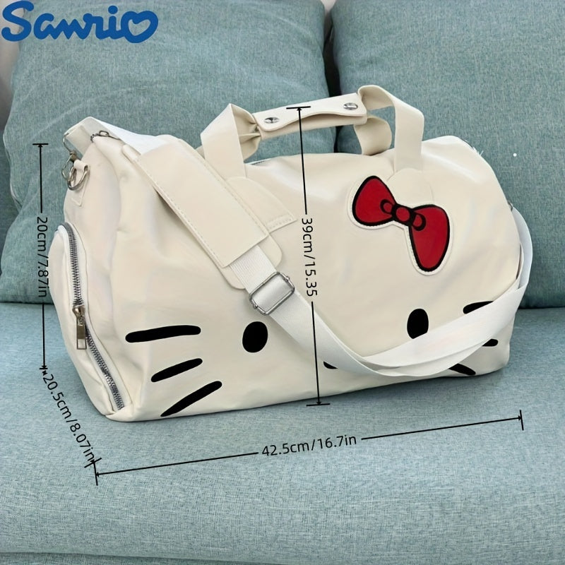 Sanrio Hello Kitty travel bag with adjustable strap, zipper closure, and animal print lining - White