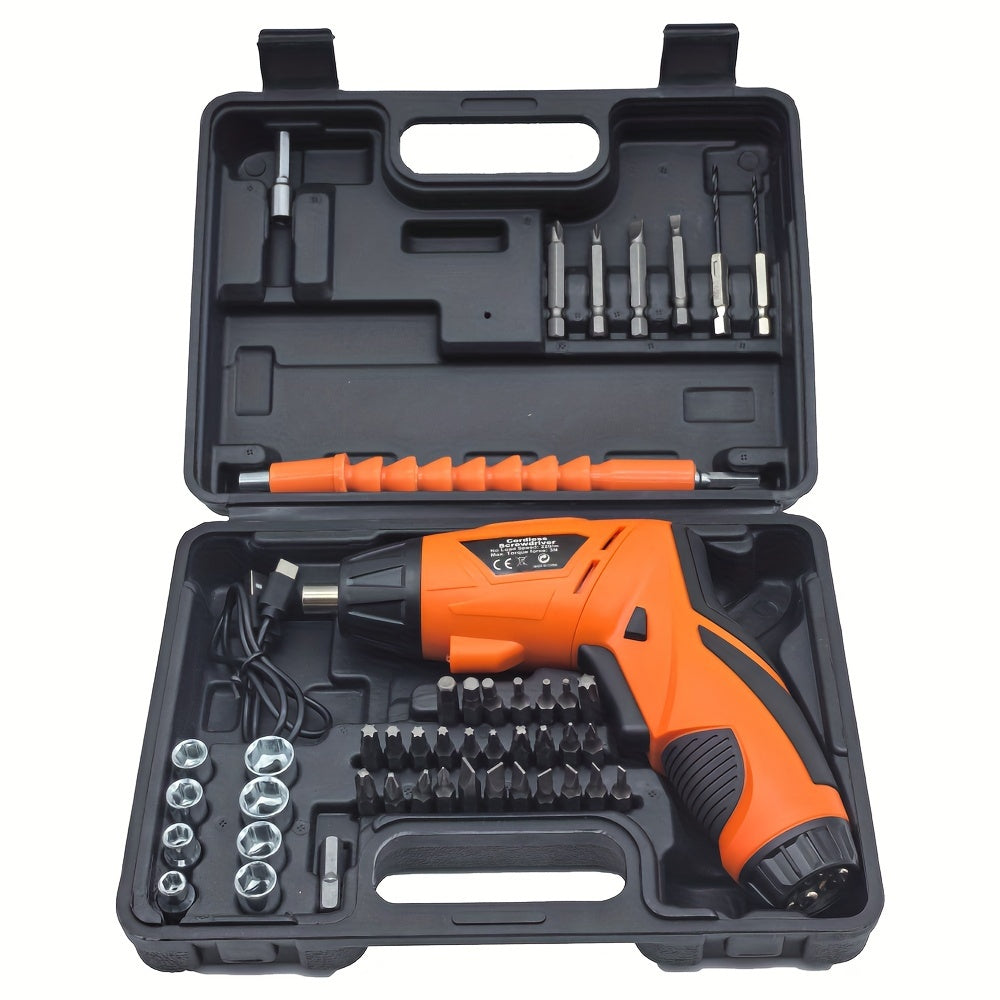 Electric screwdriver set with 47 accessories and flashlight feature, suitable for various uses like tightening screws, nuts, and drilling. Ideal for home repairs and installations.