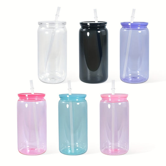 6 pieces of 16oz clear plastic cups with lids and straws in vibrant colors (pink, purple, light blue, black, white). BPA-free and suitable for vinyl stickers, UV DTF DIY, and party drinks. Durable and reusable drinkware.