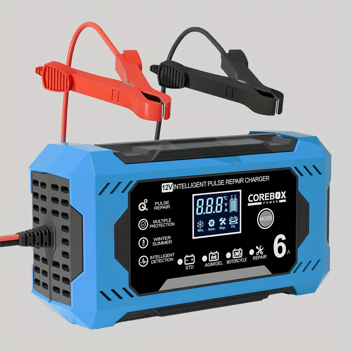 COREBOX 12V 6A Smart Battery Charger with LCD Display - Versatile lead-acid trickle charger for a variety of vehicles with overcharge, short circuit, and polarity protection. Portable and