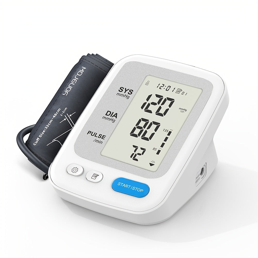 Yongrow Upper Arm Blood Pressure Monitor with LCD screen, portable design, white color, and adjustable cuff length. Suitable for adults.