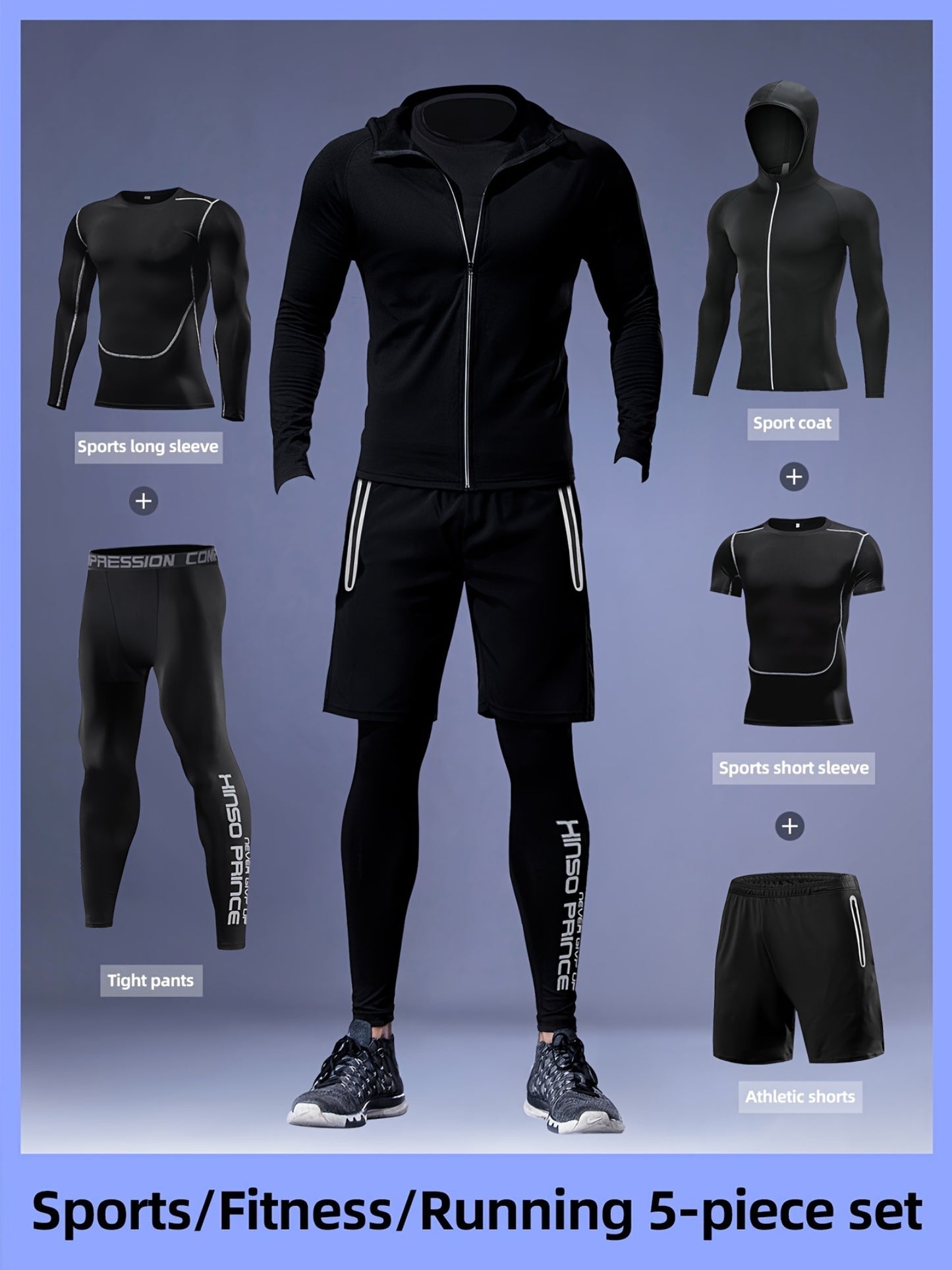 5-piece men's athletic set by Hinson Prince made of a breathable, quick-dry polyester blend. Includes zippered hoodie, tight-fit tops and bottoms suitable for gym workouts, running