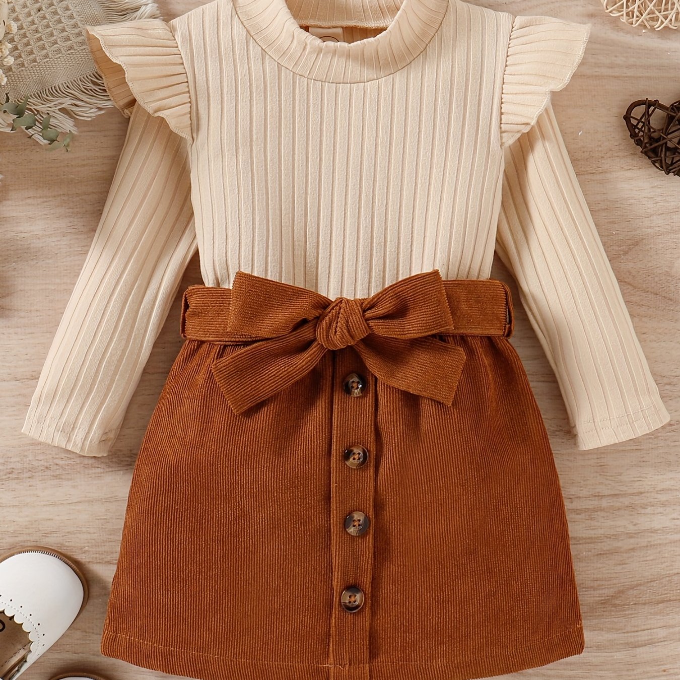 Baby girls' preppy style top and corduroy skirt set for outdoor wear.