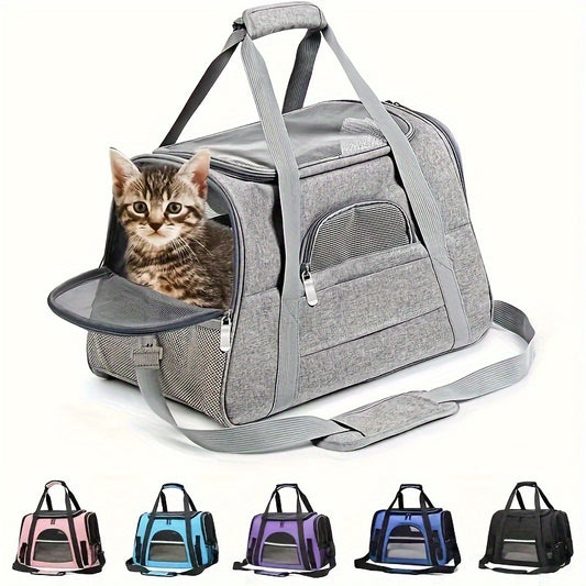 Portable pet bag with four-sided breathable design, includes fur mat, can be used on suitcase or as single shoulder pet bag. Collapsible and transparent, suitable for both cats and dogs.