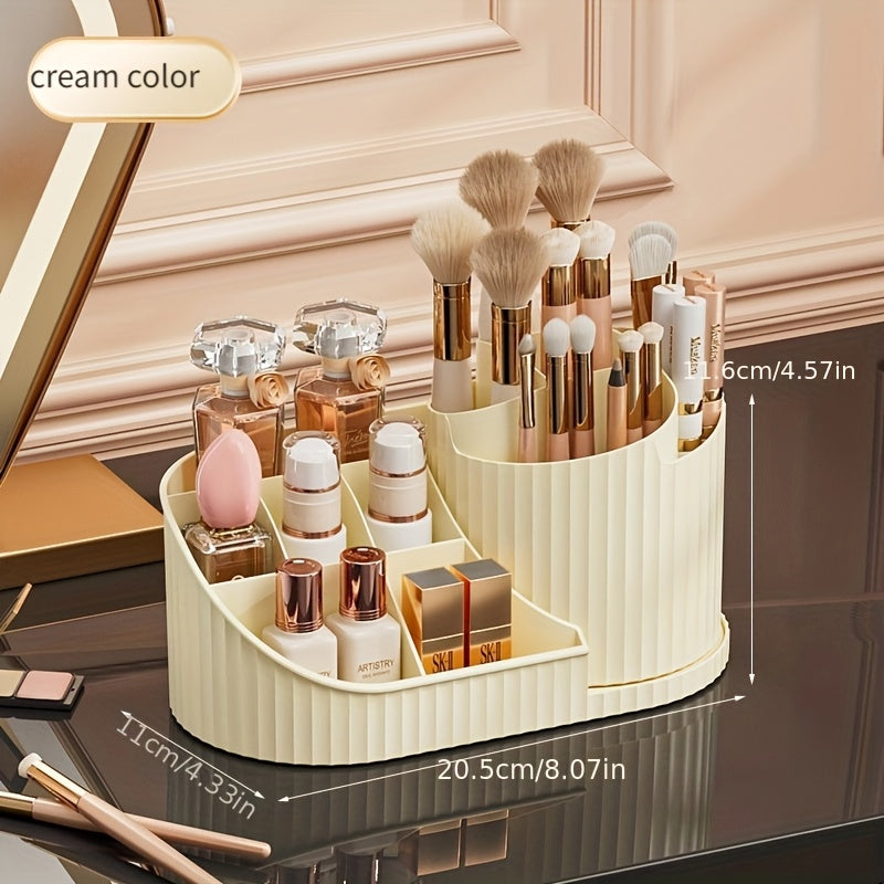 Durable rotating makeup organizer and desk caddy made of plastic, ideal for storing brushes, lipsticks, skincare products, and stationery. Space-saving, elegant white finish with odorless