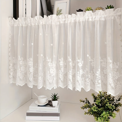 This affordable Lace Small Flower Cafe Curtain is dainty and charming, perfect for adding a touch of elegance to your kitchen or dining room. The curtain features a rod pocket design and is made of delicate white lace, making it suitable for window and