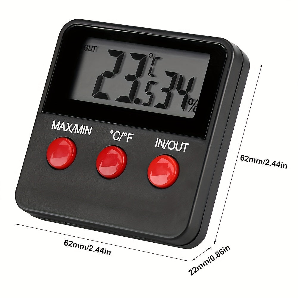 LCD display digital incubator thermohygrometer for hatching eggs equipped with a battery-powered plastic sensor. Includes outdoor pet temperature and humidity probe. Battery not included.