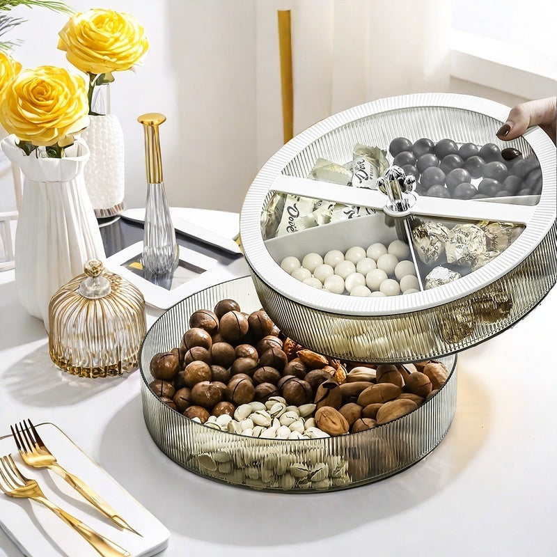 Airtight snack tray with lid for storing nuts and dried fruits in a round plastic container.