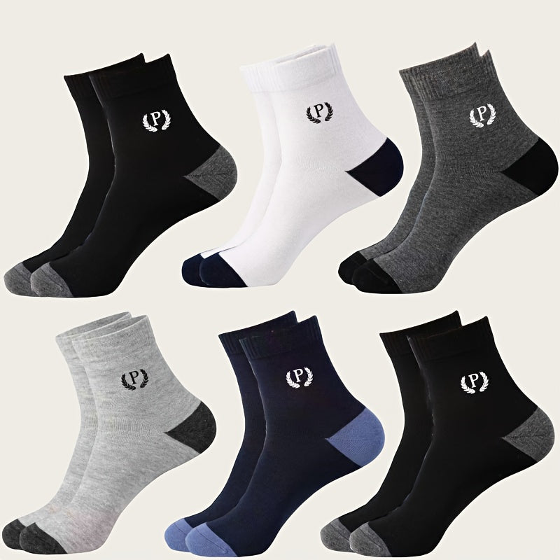 6 pairs of men's socks with alphabet pattern, made of 80% polyester and 20% spandex blend. Breathable and comfortable for daily and outdoor use, suitable for all seasons. Hand wash only.