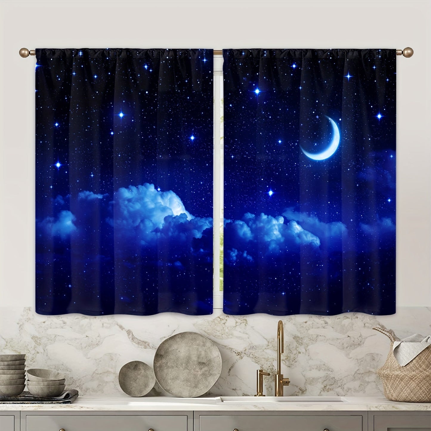 Two pieces of Galaxy-themed window curtains with a starry sky design. These rod pocket drapes are suitable for use in any room, including the kitchen, study, bedroom, living room, and playroom. They are made of soft and stylish fabric for a beautiful