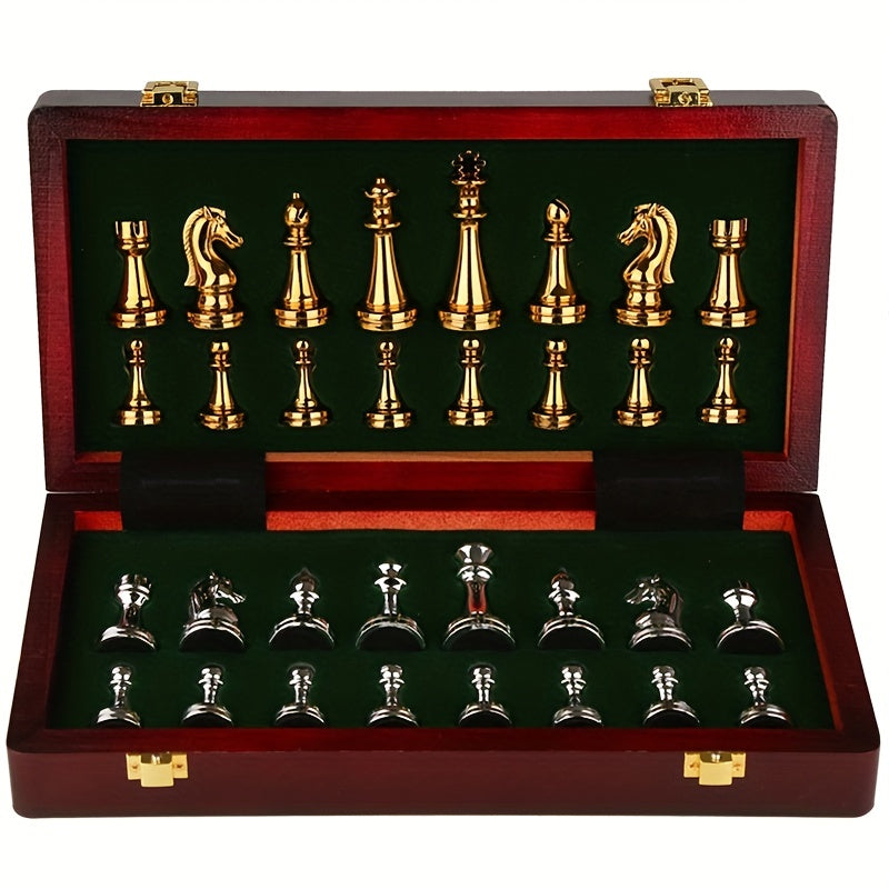 Luxurious chess set with silver pieces on a wooden folding board with zinc alloy pieces.