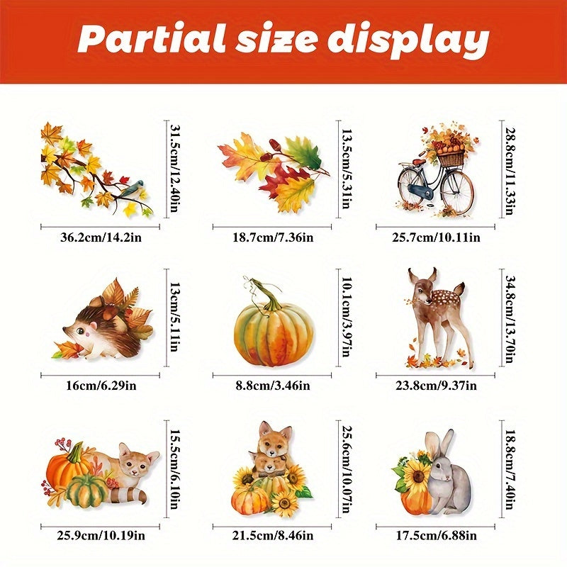 68 large fall decorations including cute animals, pumpkins, and maple leaves in a set of 9 Autumn Harvest window clings. Easy to apply and remove, making them perfect for decorating Thanksgiving home and party display windows.