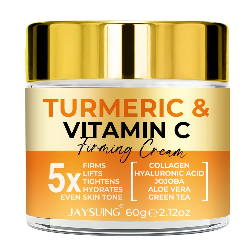 JAYSUING Turmeric & Vitamin C Firming Cream is a unisex adult moisturizer for all skin types, containing Hyaluronic Acid, Collagen, Jojoba, Vitamin E, and Retinol for hydration, firming