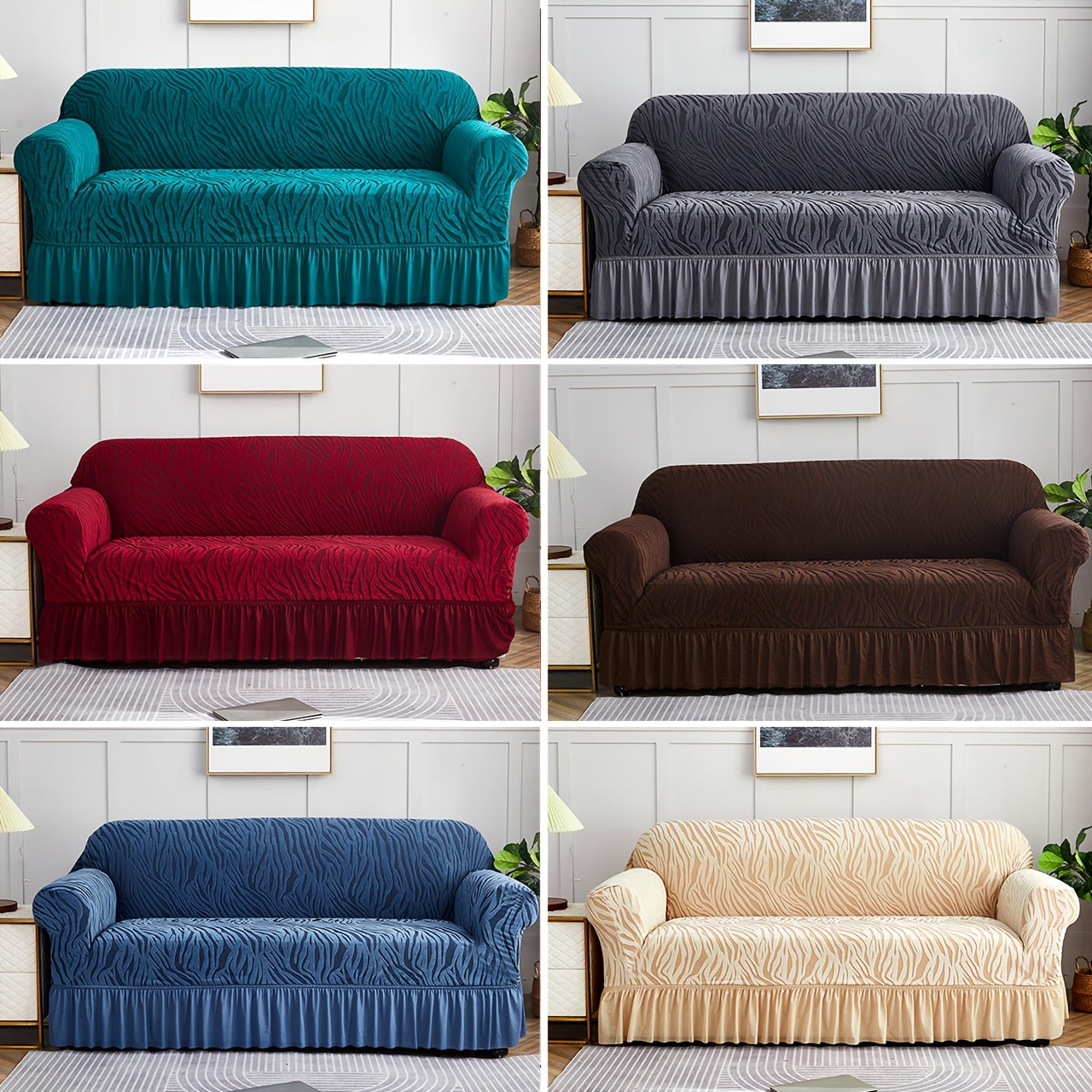 Stretch sofa slipcover with skirt, suitable for all seasons. Elastic cover for living room and office decor.