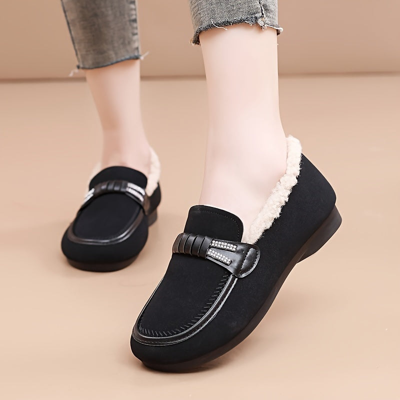 Women's Plush-Lined Loafers with Non-Slip Sole- Black, Warm and Cozy for Winter