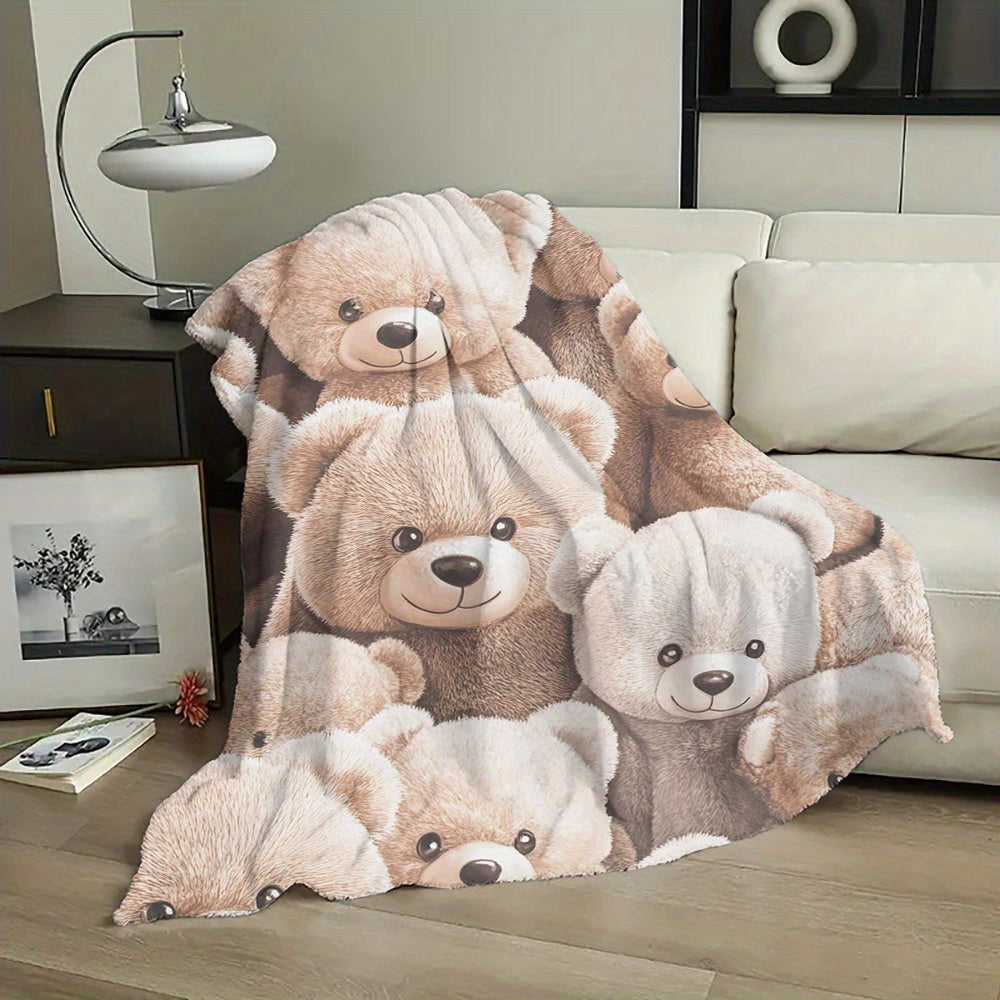 Soft and Cozy Cartoon Teddy Bear Print Flannel Throw Blanket - Perfect for All Seasons, Quilted Polyester Bedding with a Contemporary Design, Versatile and Hypoallergenic, Great Christmas Gift for Loved Ones