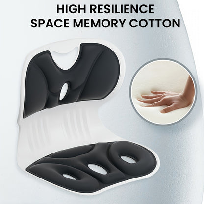 Ergonomic lumbar support pillow with washable nylon cover, suitable for study and TV use. Non-electric seat pad in black/grey.