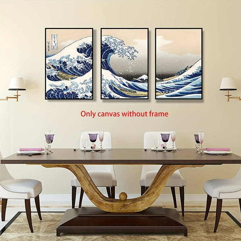 Set of 3 Japanese-style canvas print posters depicting Waves of Kanagawa. Ideal for various wall decor in living rooms, bedrooms, bathrooms, offices, hallways, and kitchens. Frames not included.