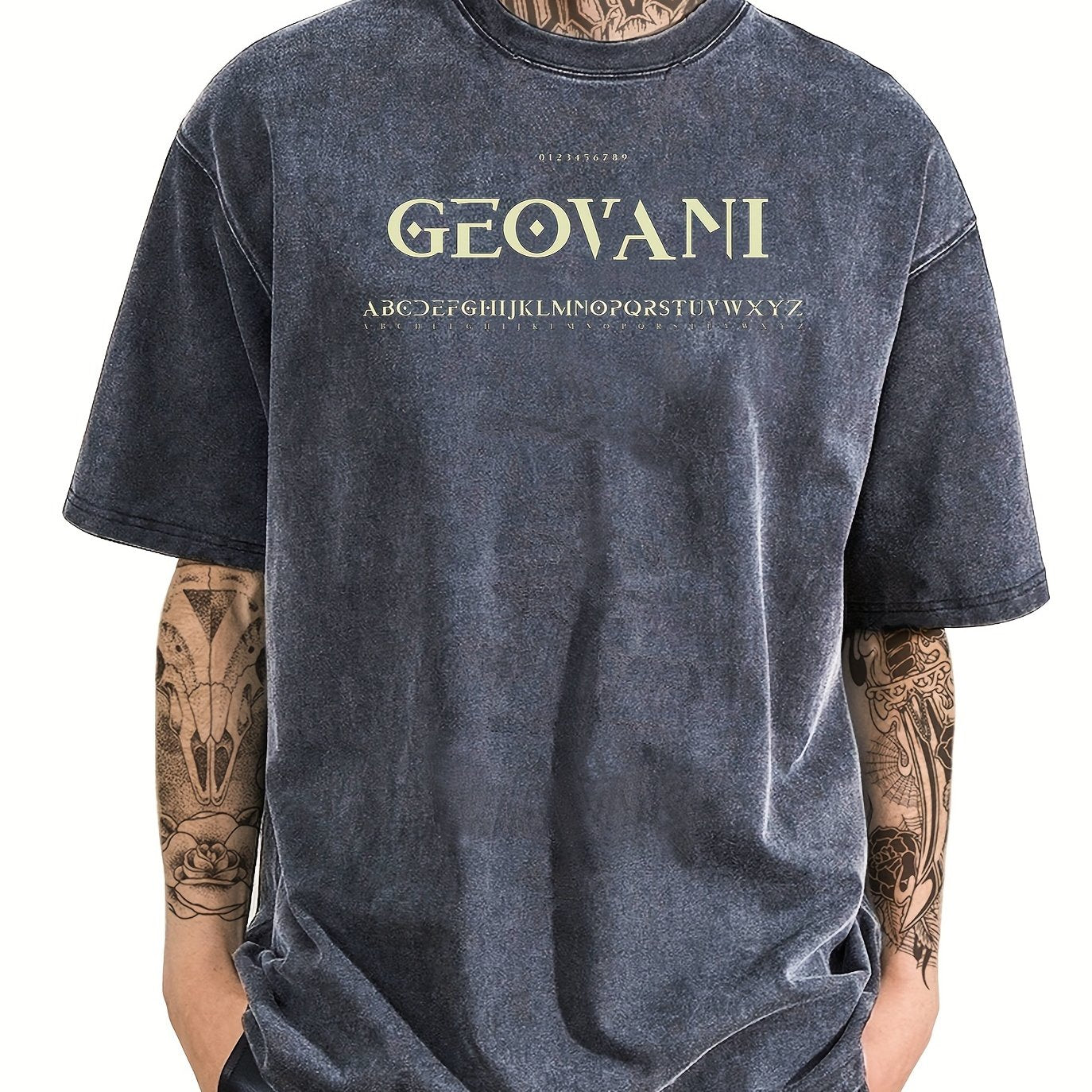 Men's black cotton t-shirt with "GEOVANI" letter print - vintage-inspired, casual fit, perfect for summer.