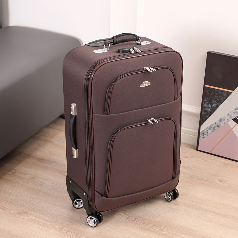 Suitcases measuring 50.8cm and 60.96cm with multi-color options, spinner wheels, telescopic iron handle, combination lock, and durable zipper closure. Ideal for secure and stylish travel