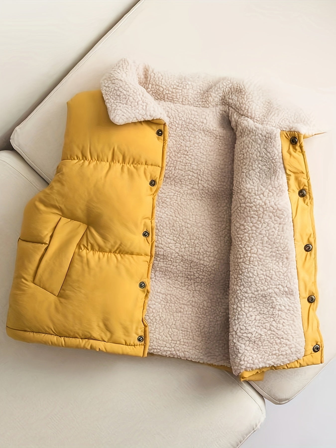 Cozy fleece-lined vest with button front and fold-over lapel for boys and girls, perfect for fall and winter outdoor activities.