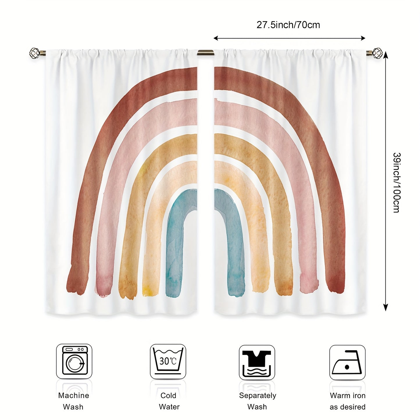 Polyester curtain with Bohemian Rainbow Cartoon design, 214cm x 160cm, 2 pieces.