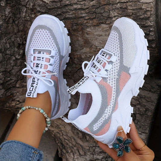 Colorblock knitted sneakers for women, stylish and breathable low top running trainers, comfortable outdoor sports shoes in plus sizes.