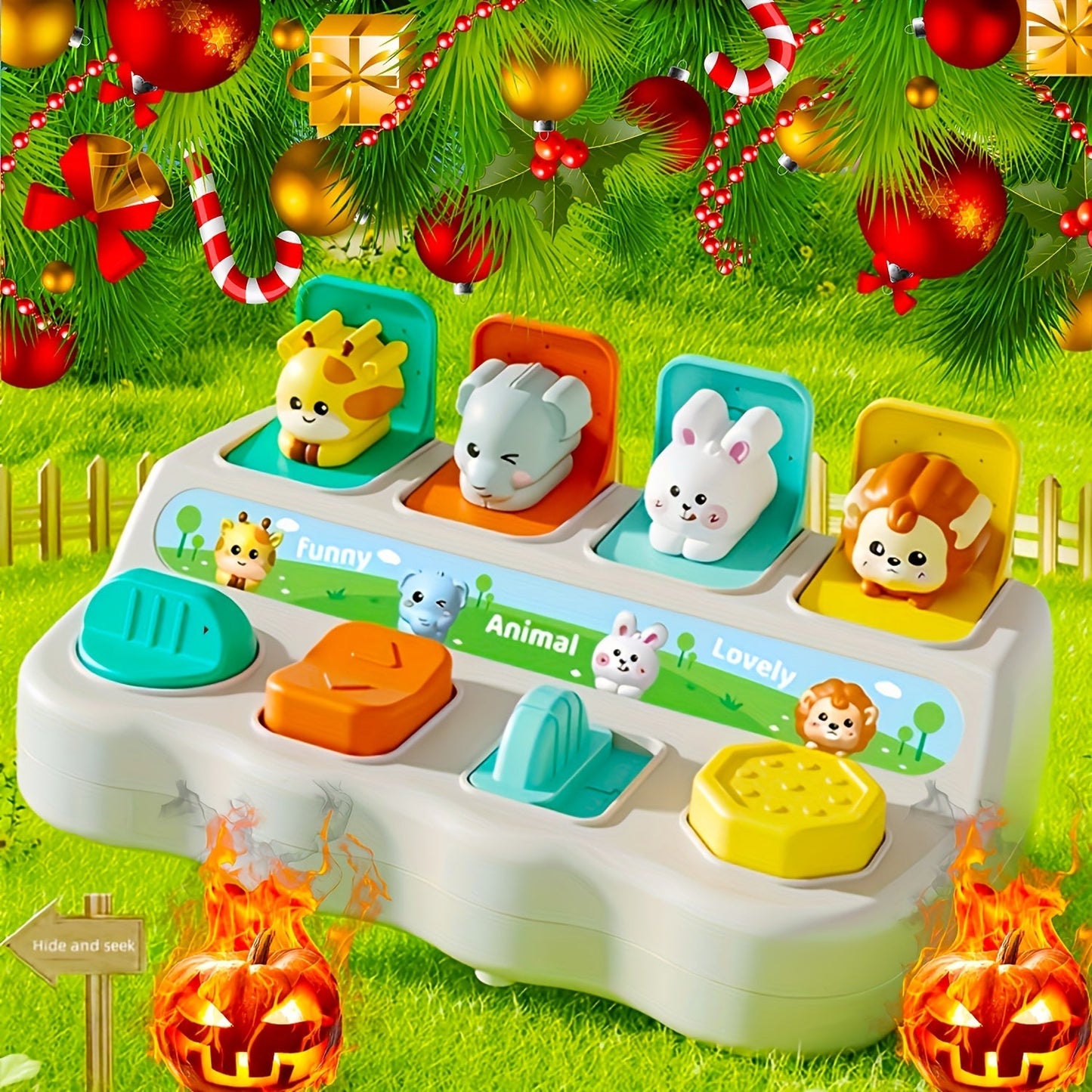 Hongsiyue Interactive Pop-Up Animal Toy with Learning Box is designed for toddlers aged 12-36 months. It helps enhance logic and motor skills. This toy makes an ideal birthday or Christmas gift, and is perfect for Halloween deals. It is made of plastic