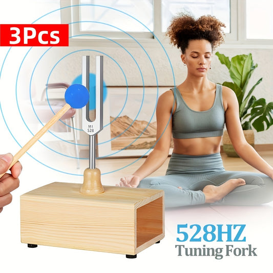 Set of 3 yoga and healing tuning forks at 528Hz, with bag, mallet, box, and chakra tuning fork for relaxation and meditation.