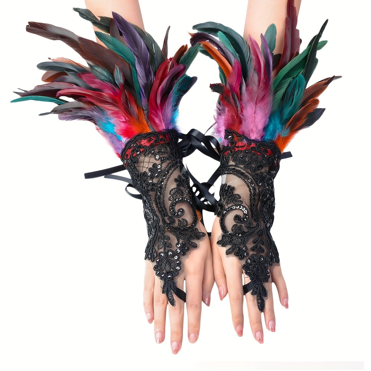 Chic Gothic-inspired gloves with faux feathers, monochrome lace, sequins, and lace-up hooks. Perfect for Halloween parties or dressing up your wrists.