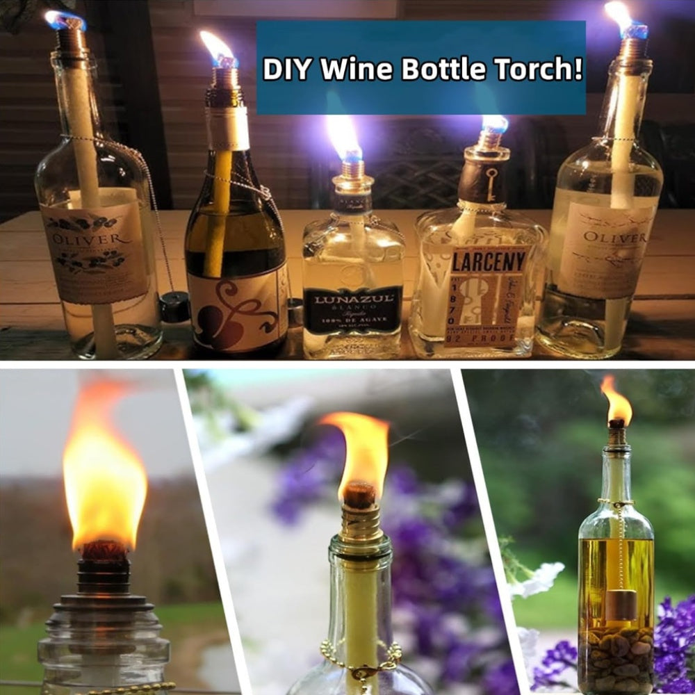 Torch kit with long-life wicks, safety covers, and holders, 13.78-inch fiberglass wicks for DIY bottle torches, no electricity needed.