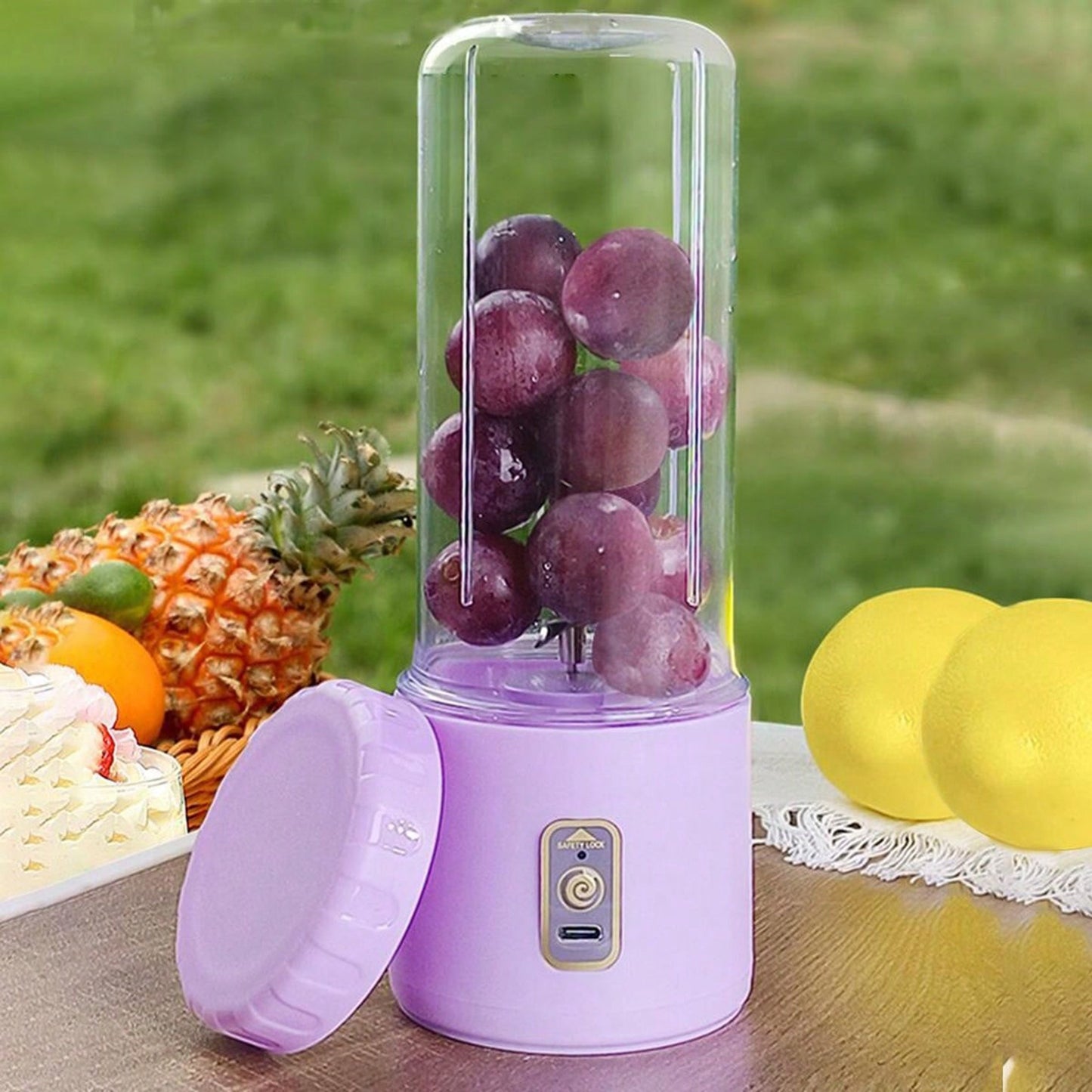 Portable juicer cup with multifunctional features - can be charged via USB with a 1500mAh lithium polypropylene battery. Easy to clean, with a 6-blade design and wireless capability. Capacity is less than 1L, perfect for travel or home use.