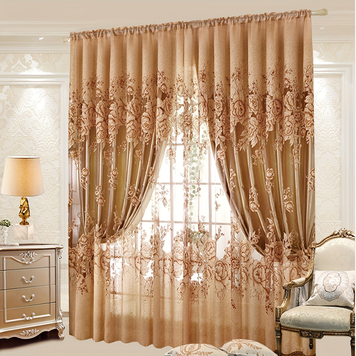 This sheer curtain features a delicate flower pattern on a single layer of translucent material, giving it a pastoral style. It is rod pocketed and does not come with a cloth lining, making it suitable for adding a touch of elegance to your living room