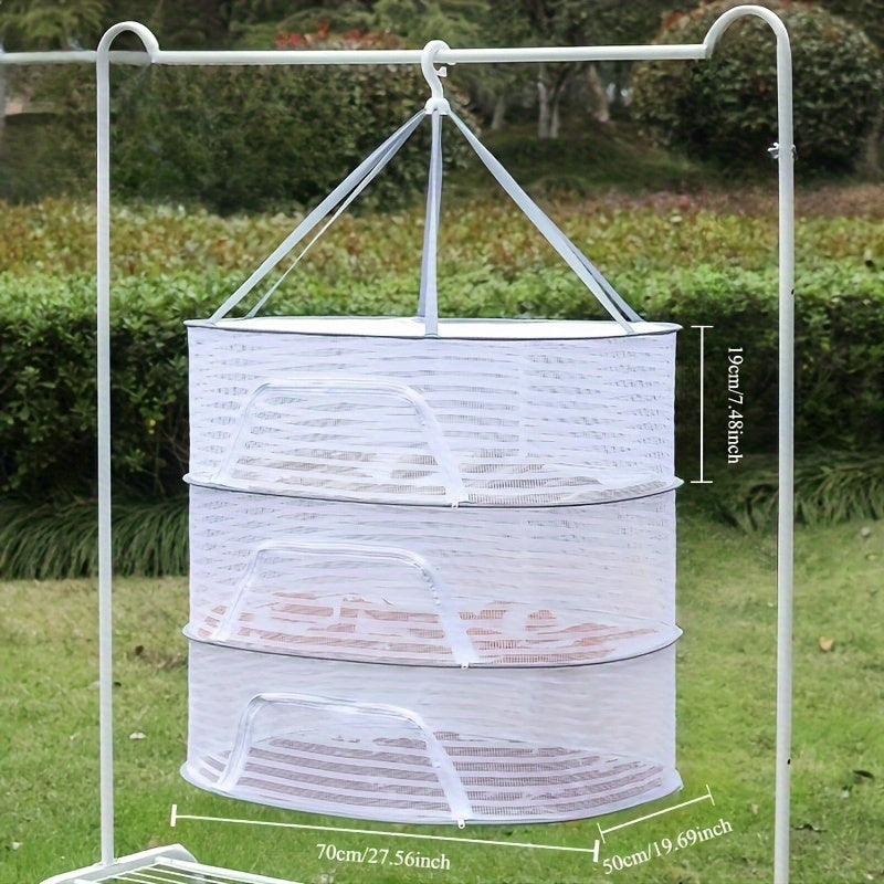 Multi-Layer Mesh Drying Rack with Anti-Mosquito Protection - Made of Strong, Durable Polyester Net for Preserving Salted Fish and Vegetables. Features 3-Tier Design for Hanging and Drying Outdoors. Ideal for Kitchen Storage and Comes with Utility Hooks.