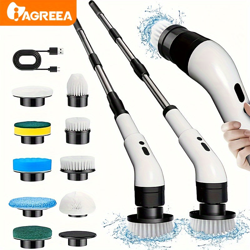 The IAGREEA electric rotary scrubber features 3 adjustable speeds and comes with a cordless electric rotary cleaning brush. It includes a handheld shower with 9 replaceable brush heads, an adjustable extended handle, and is suitable for use on tiles