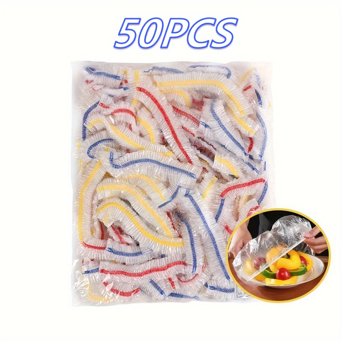 Set of 50 Food Covers, Stretchy Elastic Bowl Protectors, Reusable Food Lids for Leftovers, Fruits, and Veggies, Suitable for Bowls and Plates, Great for Kitchen Organization and Storage, Essential Kitchen Accessories