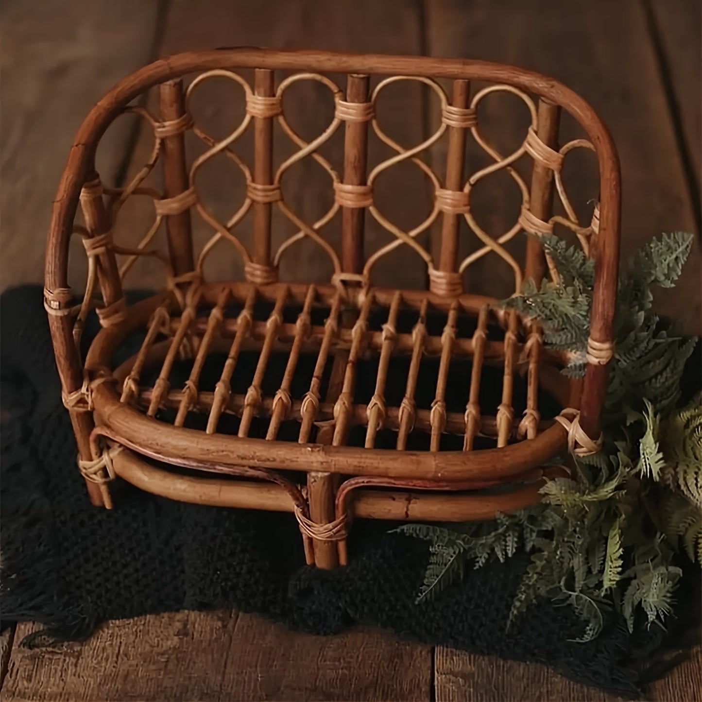 Ginger Yellow Photography Prop: Handmade Bamboo Bench and Rattan Basket Chair Set, Perfect for Studio Shoots