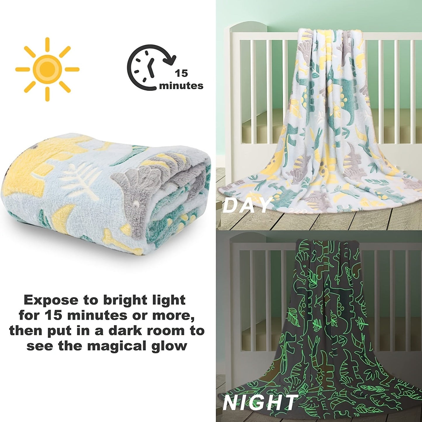 Soft fleece throw blanket for boys with glow-in-the-dark dinosaur design, makes the perfect birthday gift and is easy to clean in the washing machine.